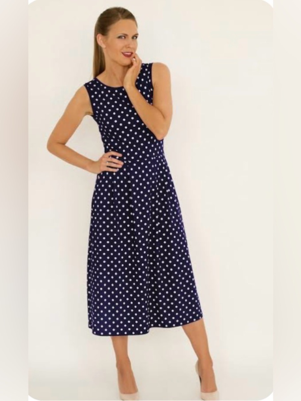 Susan Graver Navy Dress with White Polka Dots